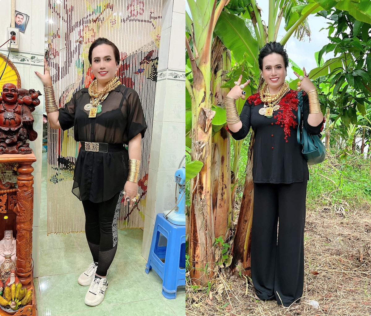 Nổi cùng thời với cô Thu Sao xứ Bắc có lẽ là cô Minh Hiếu xứ Cai Lậy. Người đẹp được biết đến là người đầu tiên chuyển giới ở Việt Nam, nổi tiếng với phong cách vàng đeo nặng người.