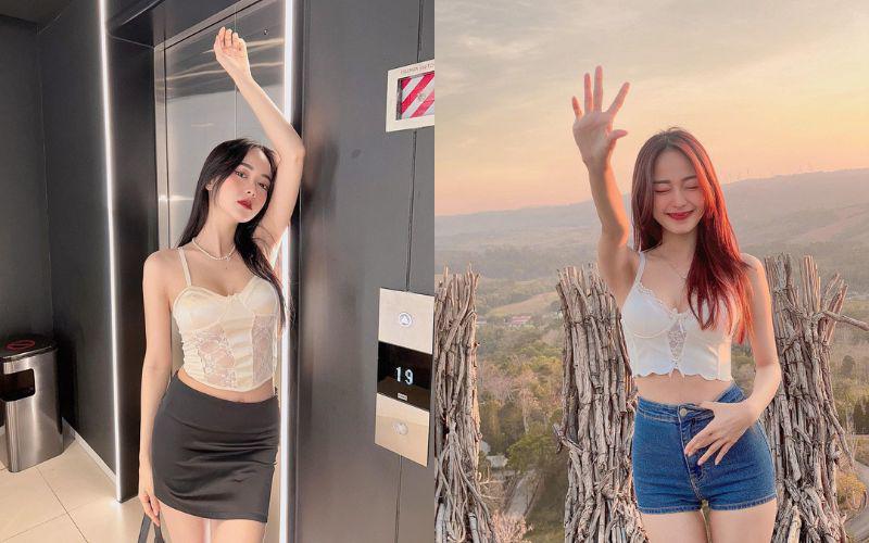 Theo đó, croptop đủ kiểu dáng như áo quây, áo croptop hai dây… đều được Pornsawan Phusua chăm sắm về cho tủ đồ street style của mình. 
