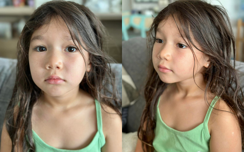 Những đường nét trên gương mặt của Myla, bao gồm chiếc mũi cao, đôi mắt long lanh, hàng lông mi cong vuốt, nước da trắng hồng và mái tóc xoăn dài bồng bềnh đều là đặc điểm cô bé được hưởng từ gen của bố Tây.
