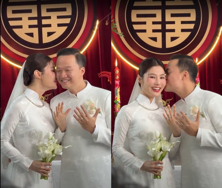 Diễm My 9X và Vinh Nguyễn trao nhẫn cho nhau trước sự chứng kiến của gia đình 2 bên.