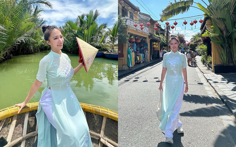 Nữ người mẫu rất hào hứng với tà áo dài Việt mà đăng ảnh rất nhiều tấm hình khoe sắc ở mảnh đất miền Trung thân thương.
