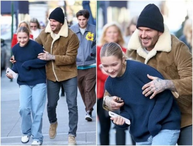 Harper chơi đùa cùng bố trên phố. 