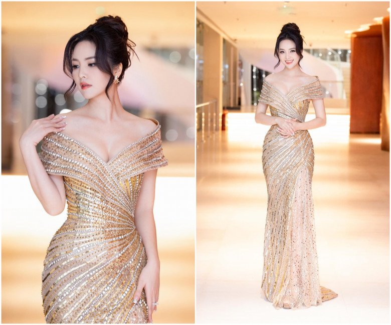 Người đẹp xuất hiện với 2 thiết kế tôn lên vóc dáng ngọc ngà là thiết kế áo dài màu trắng và chiếc đầm sequin màu vàng gold quyến rũ.