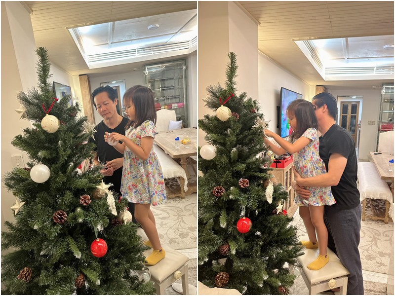 Trên trang cá nhân, Phan Như Thảo hạnh phúc chia sẻ hình ảnh chồng và con gái trang trí cây thông Noel.Cựu người mẫu hạnh phúc viết: 'Nhà Bồ Câu cũng sẵn sàng ạ! Happy Christmas!'
