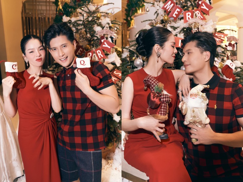 Lệ Quyên và bạn trai kém tuổi Lâm Bảo Châu có bộ ảnh mừng Giáng sinh lãng mạn. Ca hai diện trang phục cùng tông màu đỏ đồng điệu. Phía sau cặp đôi là hình ảnh cây thông cùng với những chi tiết trang trí đậm màu sắc Noel.
