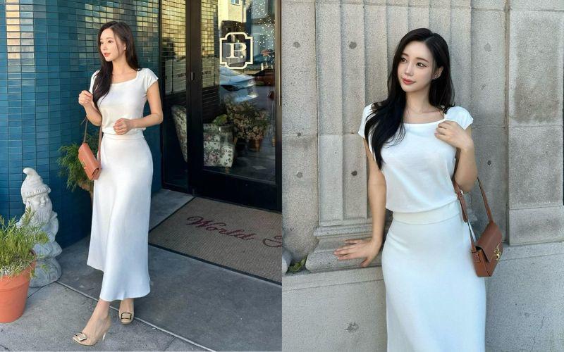 Chỉ mặc cả cây đồ trắng cơ bản và chẳng hề kiệm vải, Min Ji vẫn hút trọn mọi ánh nhìn với đường cong nữ thần đẹp như tạc.
