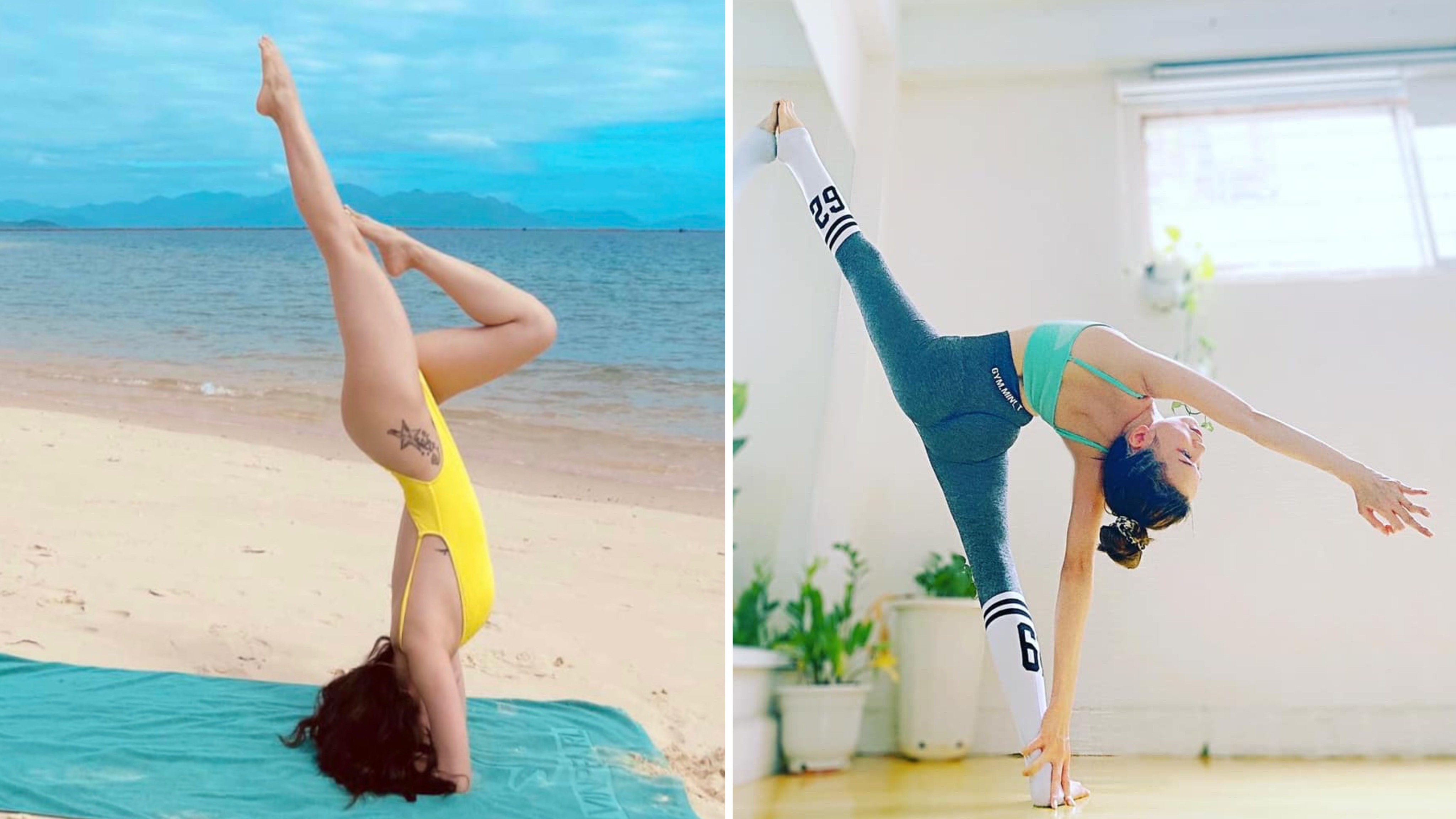 Tập yoga thuần thục, với nữ diễn viên, ở đâu cũng có thể là phòng tập.