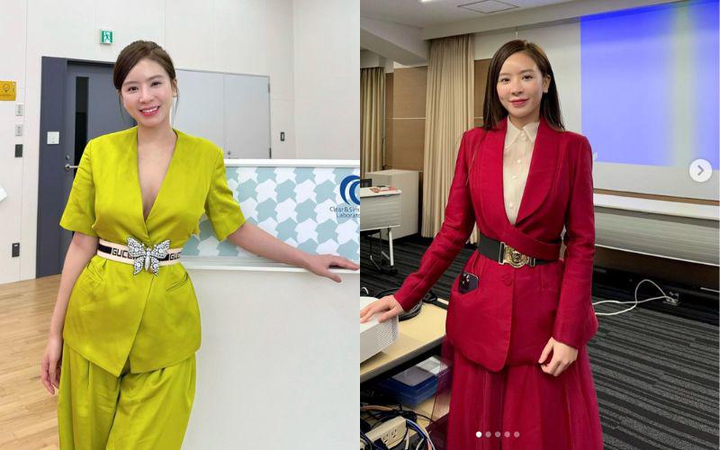 Ngoài trang phục mang gam màu hồng hay trắng đen đơn giản, mỹ nhân 9X đôi khi cũng đổi gió với outfit mang sắc màu nổi bần bật như đỏ, xanh lá cực kỳ kén da.
