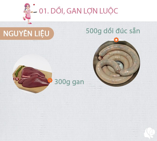 Chuẩn bị: 500g dồi đúc sẵn hoặc luộc sẵn, 300g gan lợn, đầu trắng hành lá.