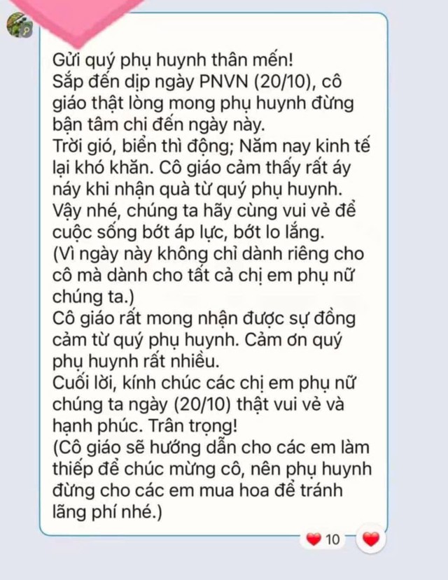 Dòng tin nhắn của một cô giáo gửi phụ huynh trước Ngày phụ nữ Việt Nam 20/10.