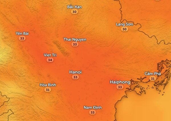Nhiệt độ cảm nhận ở một số tỉnh thành miền Bắc vào trưa và chiều 12/11. Ảnh: Zoom Earth, OpenStreetMap, ICON.