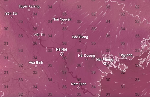 Nhiệt độ cảm nhận ở một số tỉnh thành miền Bắc vào trưa và chiều thứ Sáu, thứ Bảy tới. Ảnh: Ventusky, ICON.