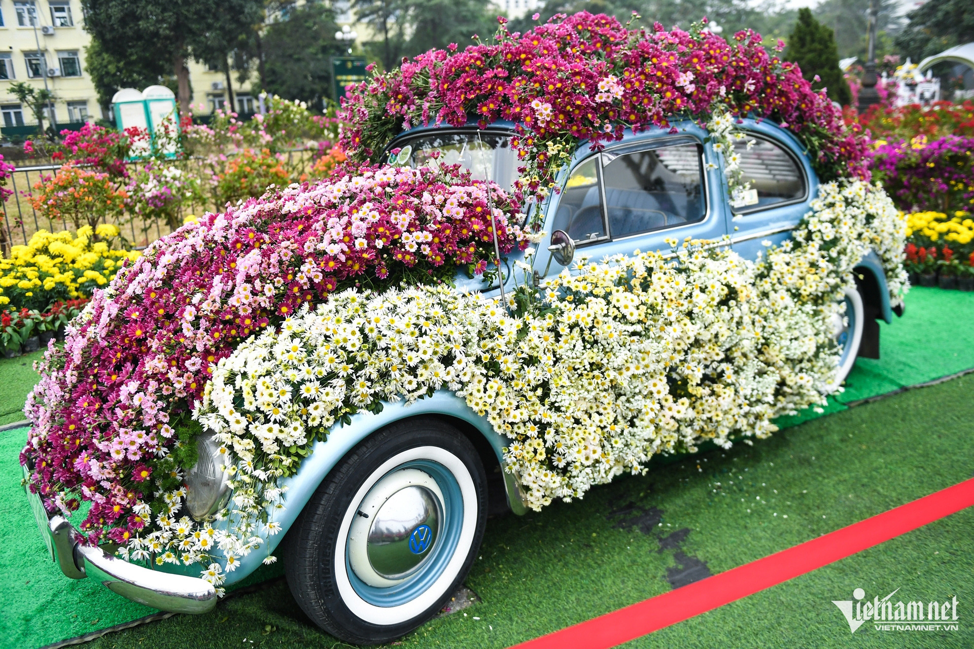 Những điểm check-in như mô hình Khuê Văn Các; ô tô phủ đầy hoa; nhạc cụ khổng lồ... đã được dựng lên ở quảng trường Trung tâm hành chính huyện Mê Linh (Hà Nội)