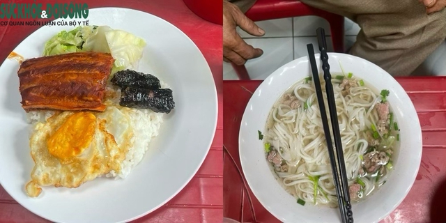 Suất cơm của phóng viên và bát phở bò của nhóm thực khách trải nghiệm tại quán. Ảnh: Phúc Đức