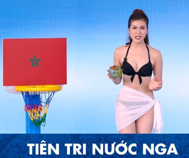 Thu Hằng khi dẫn chương trình mang tên “Tiên tri nước Nga” tại World Cup năm 2018.