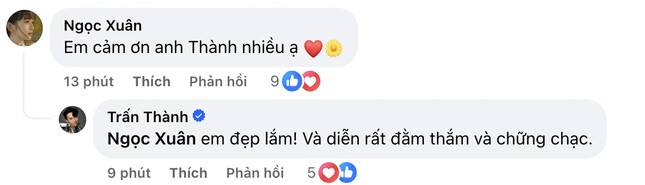 Trấn Thành yêu thích và khen ngợi nhan sắc lẫn kỹ năng diễn xuất của Ngọc Xuân trên mạng xã hội.