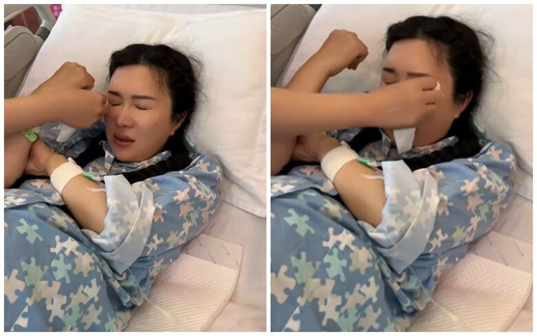 Người đẹp họ Đỗ bật khóc sau khi sinh con.