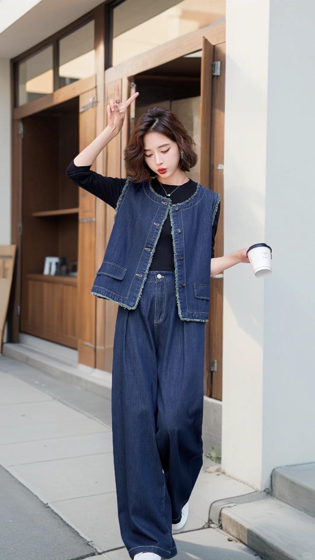 Chiếc áo vest denim viền thô với thiết kế đơn giản, chất liệu mềm mại và thoải mái cùng chiếc quần jeans ống rộng góp phần tôn dáng cùng phong cách độc đáo.