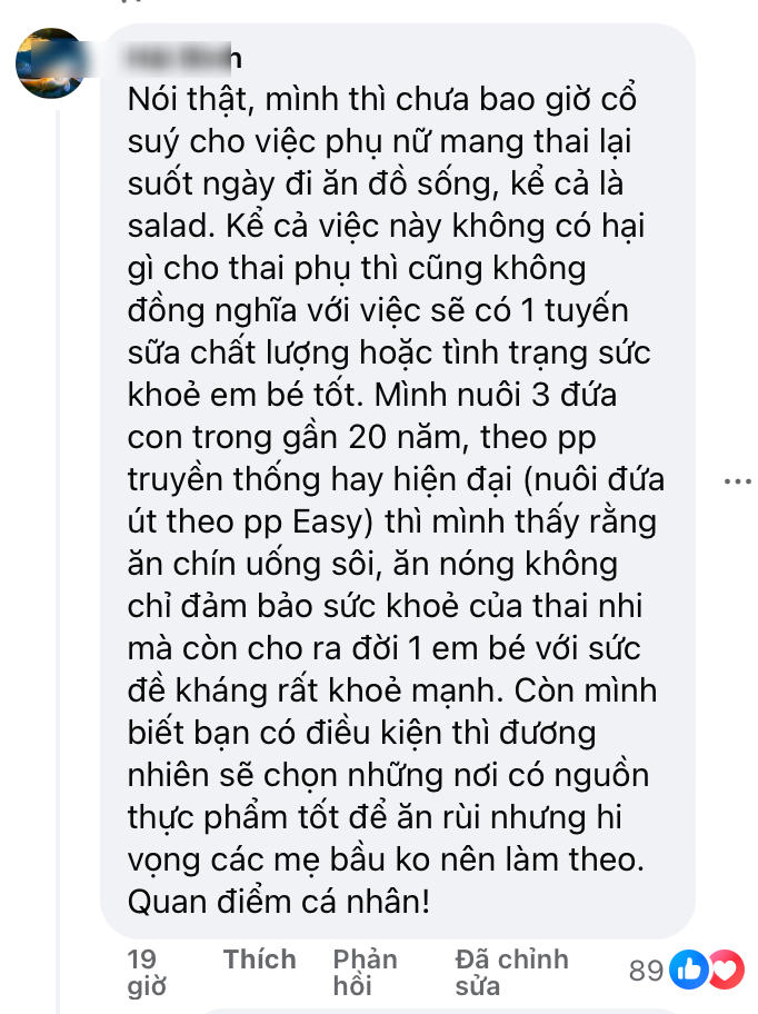 Một tài khoản chia sẻ quan điểm về việc ăn đồ sống khi mang thai.
