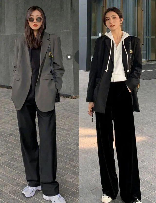 Áo nỉ với áo khoác blazer diện cùng quần ống suông trông thoải mái, đơn giản nhưng vẫn đủ lịch sự.