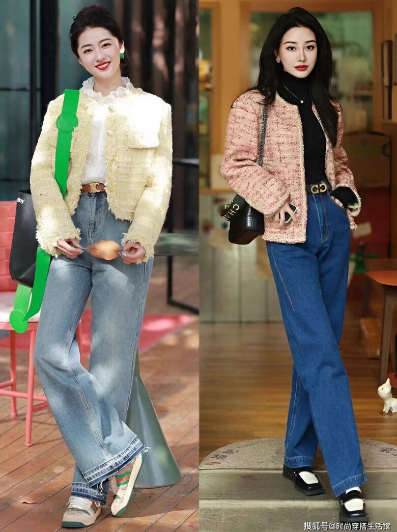 Sự sang chảnh, sang trọng của áo khoác vải tweed phối cùng quần jeans ống đứng giản dị sẽ tạo nên một tổng thể cân bằng.