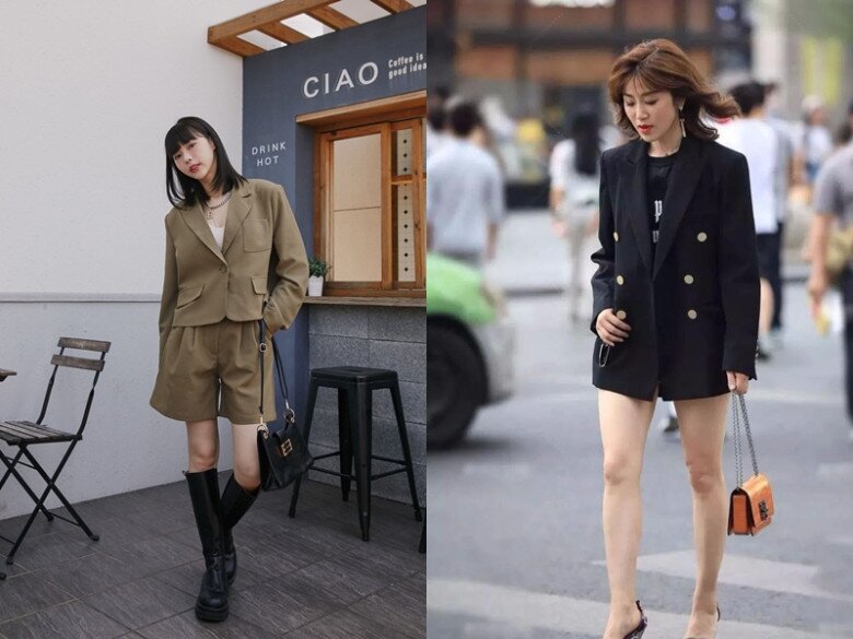 Diện quần shorts với blazer cùng màu sẽ càng tăng thêm hiệu ứng kéo dài hình thể.