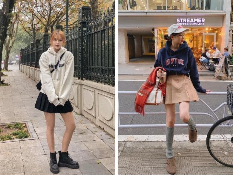 Diện áo hoodie với chân váy ngắn cũng là một set đồ vui tươi và tôn dáng nhưng vẫn đủ giữ ấm. Nhớ đi thêm tất để ấm chân.