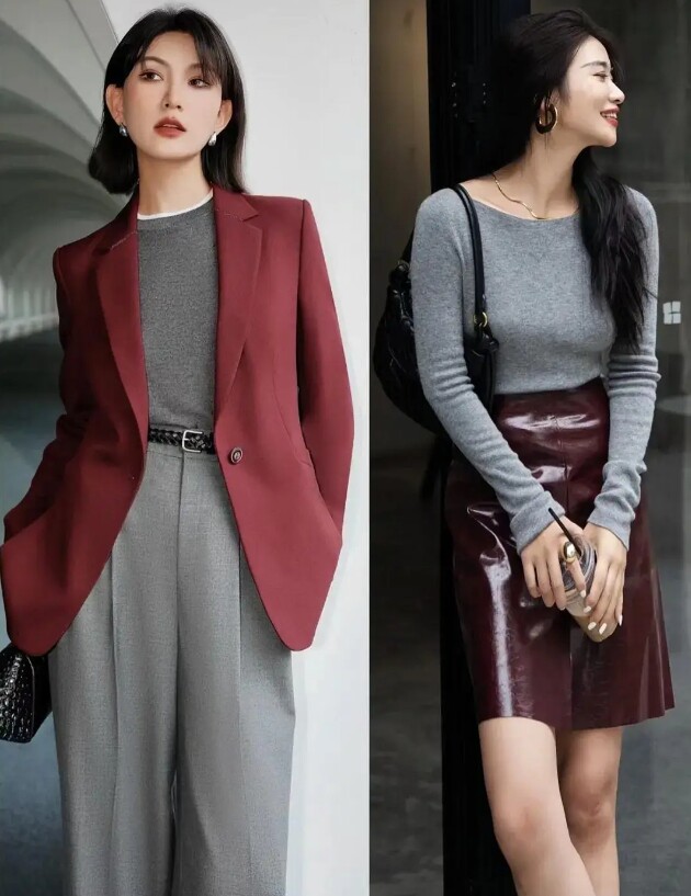 Kết hợp áo thun slim-fit màu xám nhạt với quần ống rộng cùng màu và tô điểm bằng áo khoác blazer đỏ mỏ neo trông thật gợi cảm và quyến rũ, khoe được chiều cao và đôi chân dài.