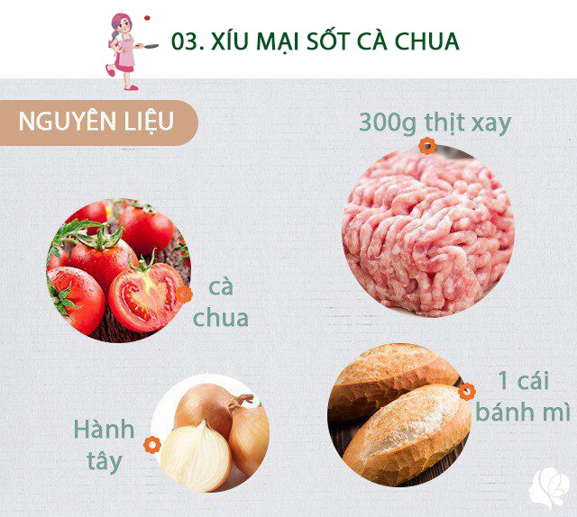 Chuẩn bị: Thịt xay: 300g, nên chọn phần nạc dăm có cả mỡ và khi xay chú ý xay nhuyễn hơn so với các món khác. - Hành tây: 1 củ khoảng 50g - 1 ổ bánh mì - 1 trái cà chua - 100ml sốt cà chua - 1 nhánh hành lá - 1 nhánh mùi -  50ml sữa tươi không đường. - Các gia vị như bột nêm, tiêu, dầu ăn.