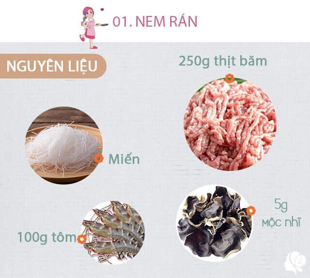 Chuẩn bị: - 250 gr thịt heo xay - 5-6 cánh mộc nhĩ; 2 quả trứng gà nhỏ; 1 nắm miến nhỏ; 1 củ cà rốt; một nắm hành lá; bánh tráng - một ít giá đỗ- vài cái nấm hương, hạt tiêu vừa đủ, 100g tôm.