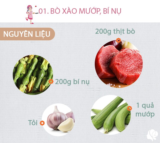 Chuẩn bị: 200g thịt bò, 200g bí nụ, 1 quả mướp, tỏi, dầu ăn, muối, gừng.