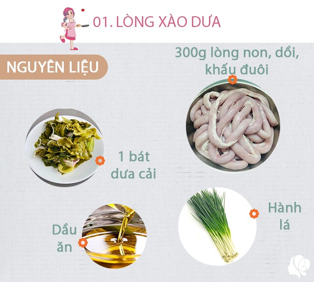 Chuẩn bị: 300g gồm lòng non đã sơ chế sạch và chần sơ, khấu đuôi và dồi luộc; 1 bát dưa cải, hành lá, dầu ăn, hành khô, muối.