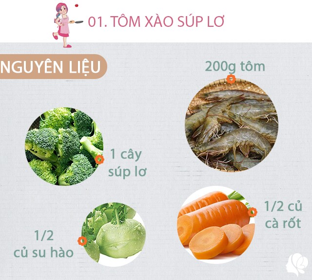 Chuẩn bị: 1 cây súp lơ, 200g tôm, 1/2 củ su hào, 1/2 củ cà rốt, dầu ăn, hành khô, muối.