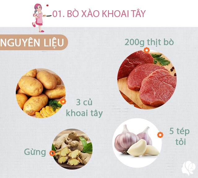 Chuẩn bị: 200g thịt bò, 3 củ khoai tây, 5 tép tỏi, gừng, muối, dầu ăn.