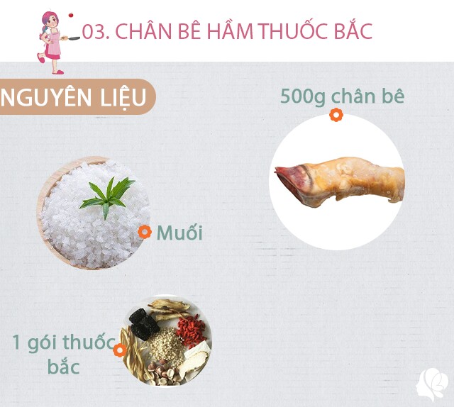 Chuẩn bị: 500g chân bê chặt khúc, 1 gói thuốc bắc để hầm, chút muối