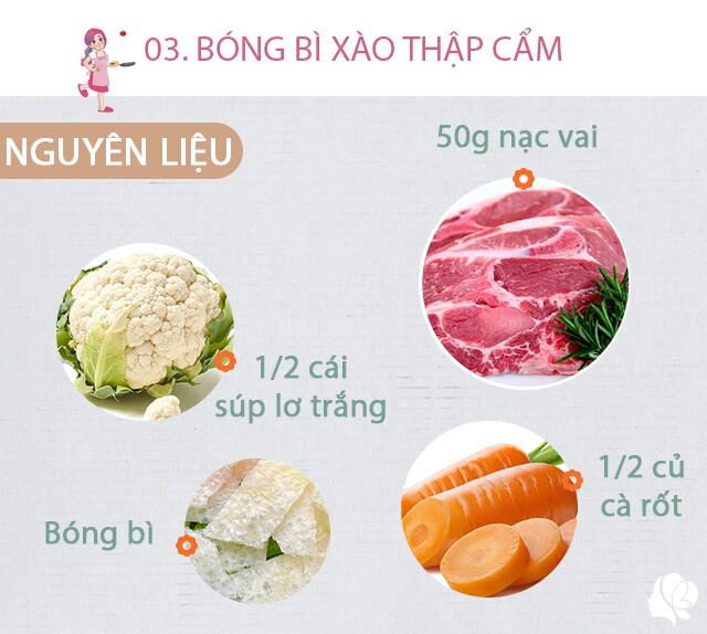 Chuẩn bị: - Bóng bì lợn: 50gr - Thịt nạc vai hoặc nạc thăn: 50gr - Súp lơ xanh: 1/3 cây - Súp lơ trắng 1/2 cây - cà rốt 1/2 củ cắt hoa - đậu Hà Lan 50g - Nấm hương: 10 cái. - Tôm nõn khô: 10g. - Nước luộc gà: 200ml (không có bỏ qua) - Gừng, rượu trắng, bột canh, hạt tiêu, rau mùi ta, nước mắm.