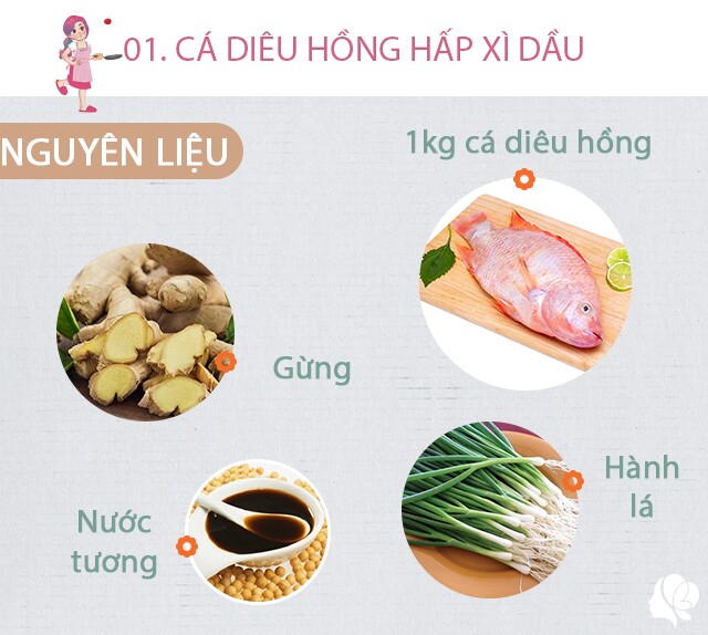 Chuẩn bị: 1 con cá diêu hồng 1 - 1,5 kg - Sốt xì dầu: 400ml nước dùng (hoặc nước lọc) - 50ml nước tương  - 25g đường phèn - 10ml hắc xì dầu  - 10ml nước mắm - 7,5g bột ngọt - 7,5g bột thịt gà. - Tỏi, gốc rau mùi ta, rau mùi ta, dầu mè, hành tây, gừng, rượu. 