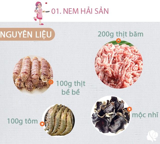 Nguyên liệu: - Thịt nạc vai: 200gram - Tôm: 100gram, bóc vỏ - Bề bề đã bóc vỏ: 100gram - Mọc nhĩ, nấm hương-  Hành tây, cà rốt - miến - Trứng gà: 2 quả. - Hành lá, rau mùi - Hạt tiêu: 1 thìa cà phê - Nước mắm: 1 thìa ăn cơm  Bánh đa nem (bánh tráng).