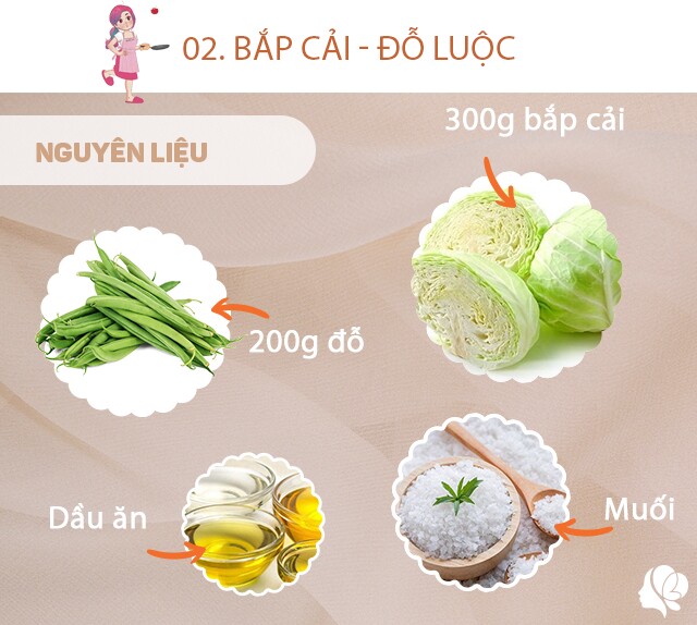 Chuẩn bị: 300g bắp cải thái miếng to rồi rửa sạch; 200g đỗ cô ve nhặt và rửa sạch, chút muối và dầu ăn vừa đủ.