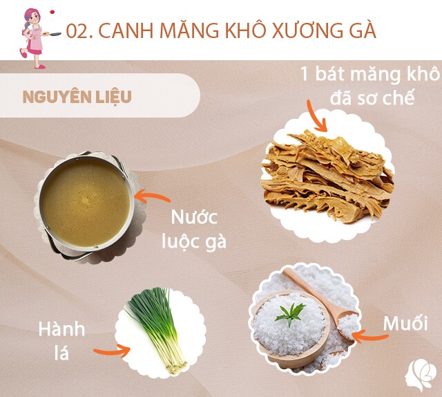 Chuẩn bị: Nước luộc gà, xương gà (cổ, đầu), 1 bát măng khô to đã ngâm và làm sạch, hành lá, hành khô.