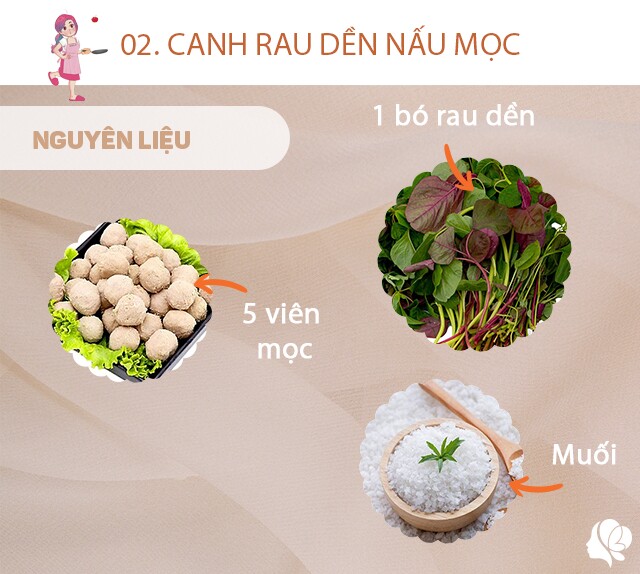 Chuẩn bị: 1 bó rau dền, 5 viên mọc, muối.