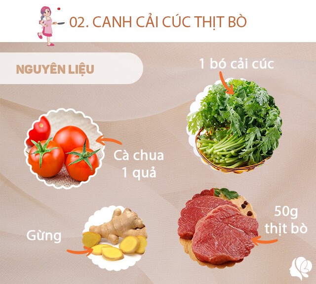 Chuẩn bị: 1 bó cải cúc, 50g thịt bò, muối vừa ăn, dầu ăn, gừng.