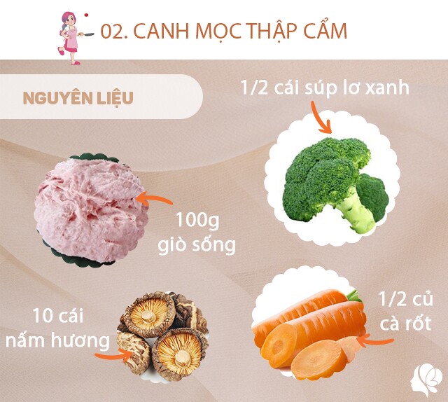 Chuẩn bị: 1/2 cây súp lơ xah, 100g giò sống, 10 cái nấm hương ngâm nở mềm và rửa sạch, 1/2 củ cà rốt, xíu tôm nõn khô, muối.