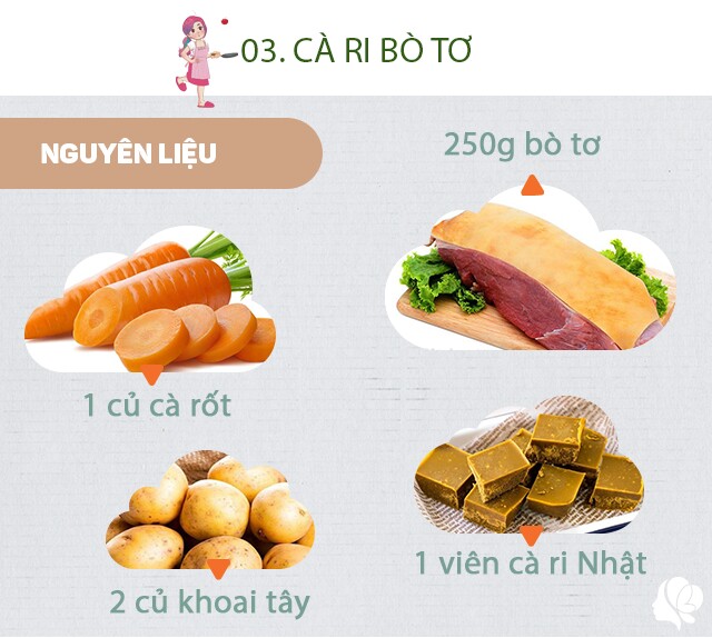 Chuẩn bị: 250g thịt bò tơ, 1 củ cà rốt, 2 củ khoai tây, dầu ăn, muối, 1/2 củ hành tây, 1-2 viên cà ri Nhật (nếu thích cay có thể cho thêm), tỏi, gừng.