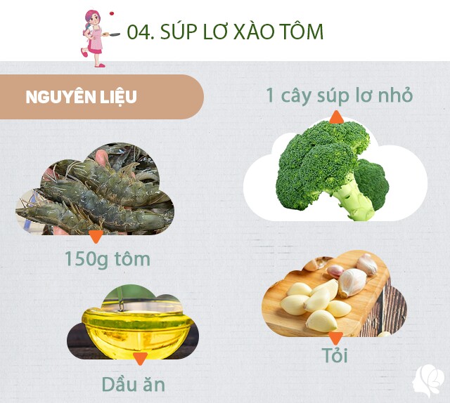 Chuẩn bị: 1 cây súp lơ, vài tép tỏi, dầu ăn, 150g tôm bóc vỏ rửa sạch, 1/3 củ cà rốt.