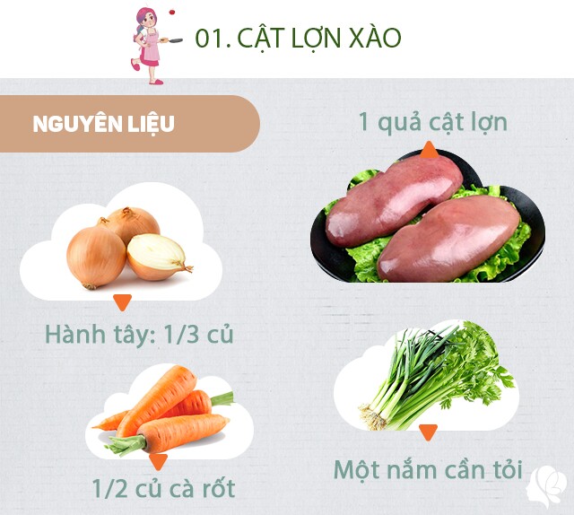 Chuẩn bị: 1 cái cật lợn khoảng 200g, một ít cần - tỏi tây, 1/3 củ hành tây, 1/2 củ cà rốt tỉa hoa, hành khô, muối, dầu ăn, hạt tiêu.