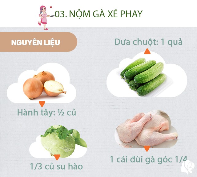 Chuẩn bị: 1 cái đùi gà góc 1/4, 1/2 củ hành tây, 1 quả dưa chuột, 1/2 củ su hào, 1/2 củ cà rốt. Gia vị: Bột canh, đường, chanh, ớt, tỏi, rau thơm, vừng rang.