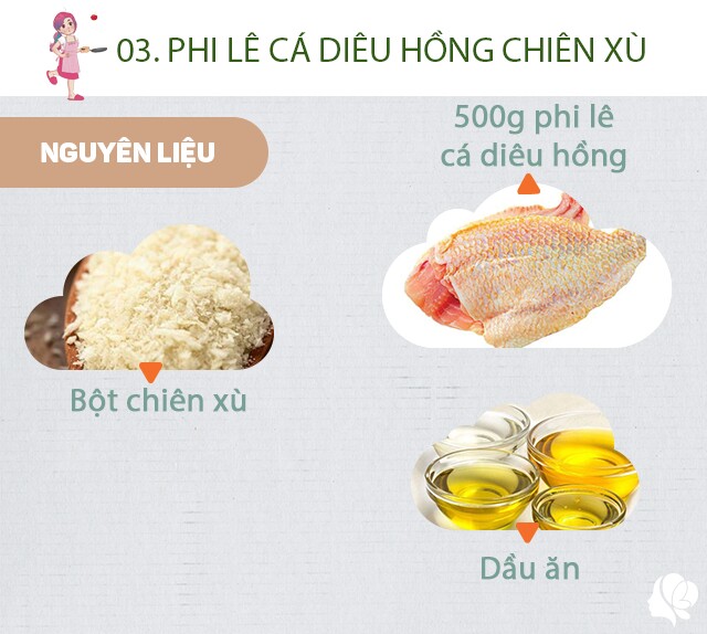 Chuẩn bị: 500g phi lê cá diêu hồng, rửa sạch thái miếng to, bột chiên xù, dầu ăn, 1 quả trứng