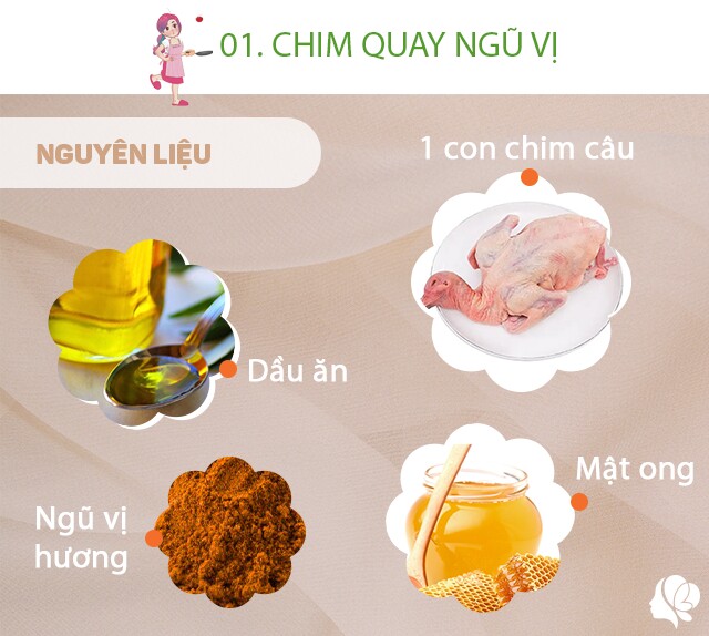 Chuẩn bị: 1 con chim câu cỡ 400g, dầu ăn, mật ong, ngũ vị hương, nước tương.