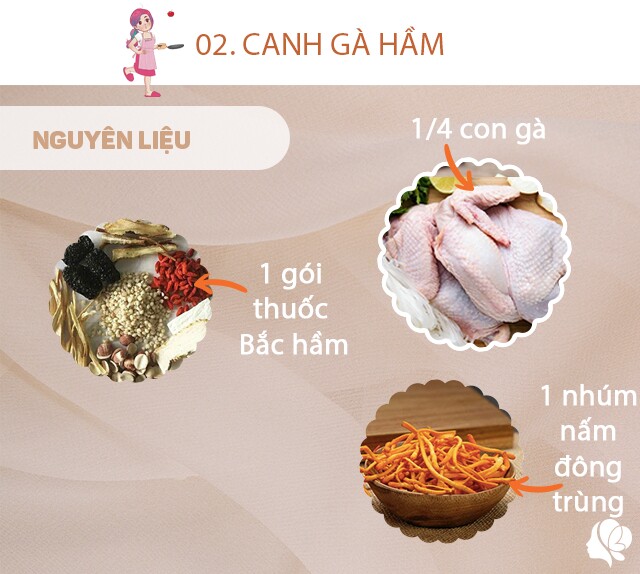 Chuẩn bị: 1/4 con gà, 1 gói thuốc bắc hầm, 1 nhúm nấm đông trùng, một ít muối vừa ăn.